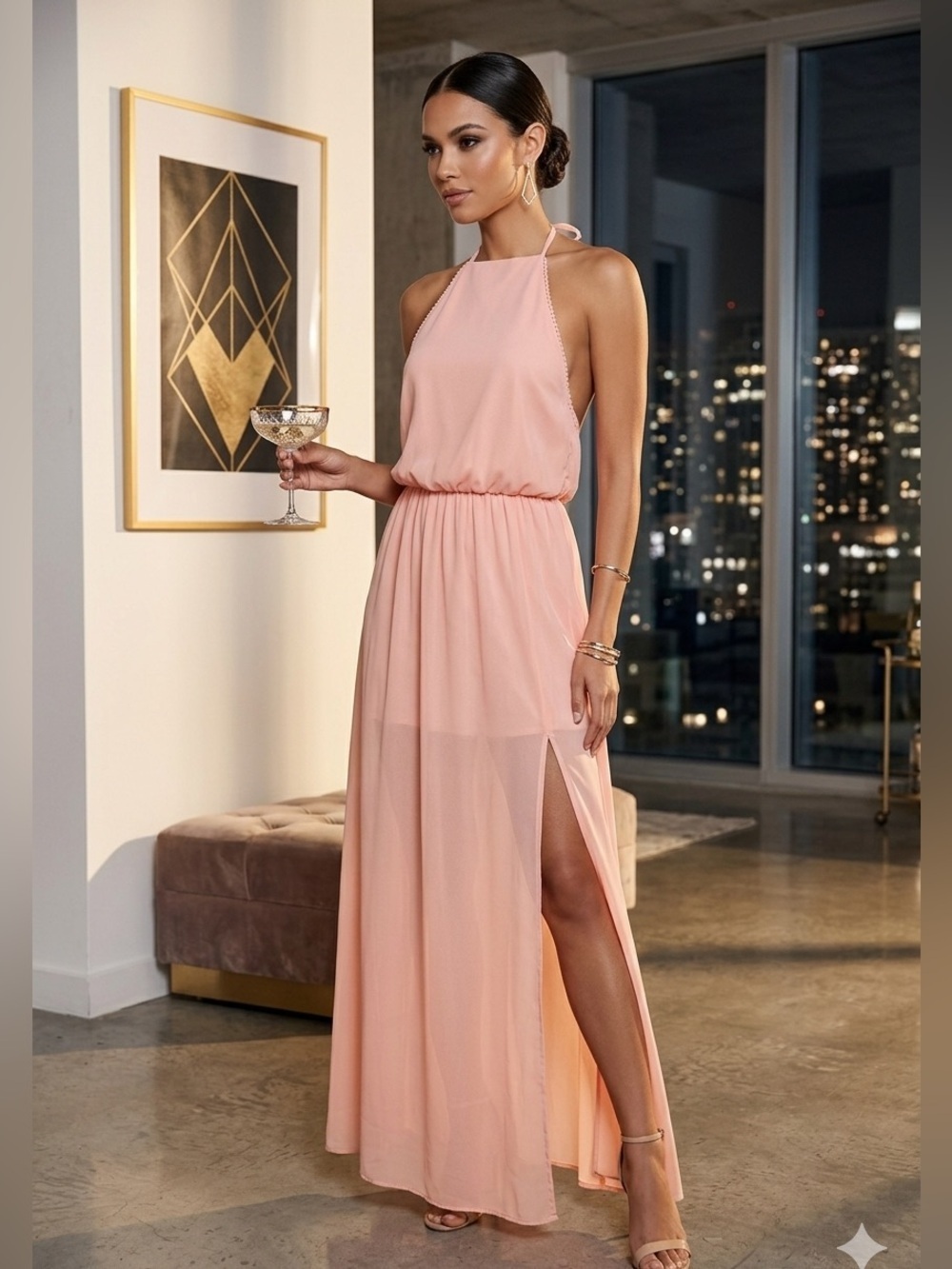 Show Me Your Mumu XS Pink Halter Maxi Dress Open Back Slit Boho Wedding Guest